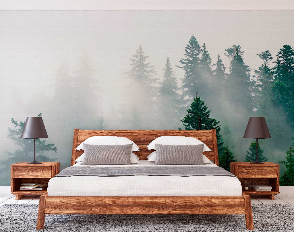 A modern bedroom featuring a rustic wood bed with white bedding, flanked by matching wooden nightstands with gray lamps, set against a wall with a Decor2Go Wallpaper Mural.