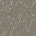 The York Wallcoverings' Mocha & Silver Trees Silhouette Wallpaper showcases light blue tree branches intersecting against a muted brown backdrop, creating an intricate abstract design reminiscent of modern metallic wallpaper.