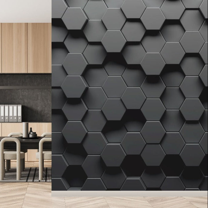 Modern office space with a sleek, minimalist design. The left side features a wooden wall, white shelves adorned with white binders, and a black table paired with white chairs. On the right side, proudly displayed is the Modern 3D Hexagonal Elegance Wallpaper Mural from Decor2Go Winnipeg, showcasing its contemporary sophistication. Light wood floors unify the space.
