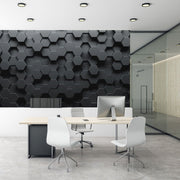 A modern office featuring large windows that let in bright natural light, complemented by a minimalist interior. The space includes a desk with a computer and two white chairs. On the back wall, Decor2Go Winnipeg's Modern 3D Hexagonal Elegance Wallpaper Mural in sleek black adds sophistication. To the right, a glass-walled conference room completes the contemporary look.