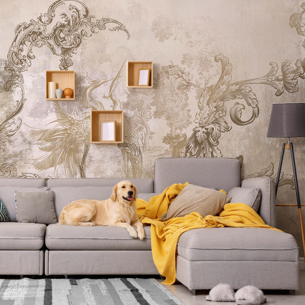 A golden retriever lounges on a gray sofa with a yellow blanket in a room with Decor2Go Wallpaper Mural and wooden cube shelves.