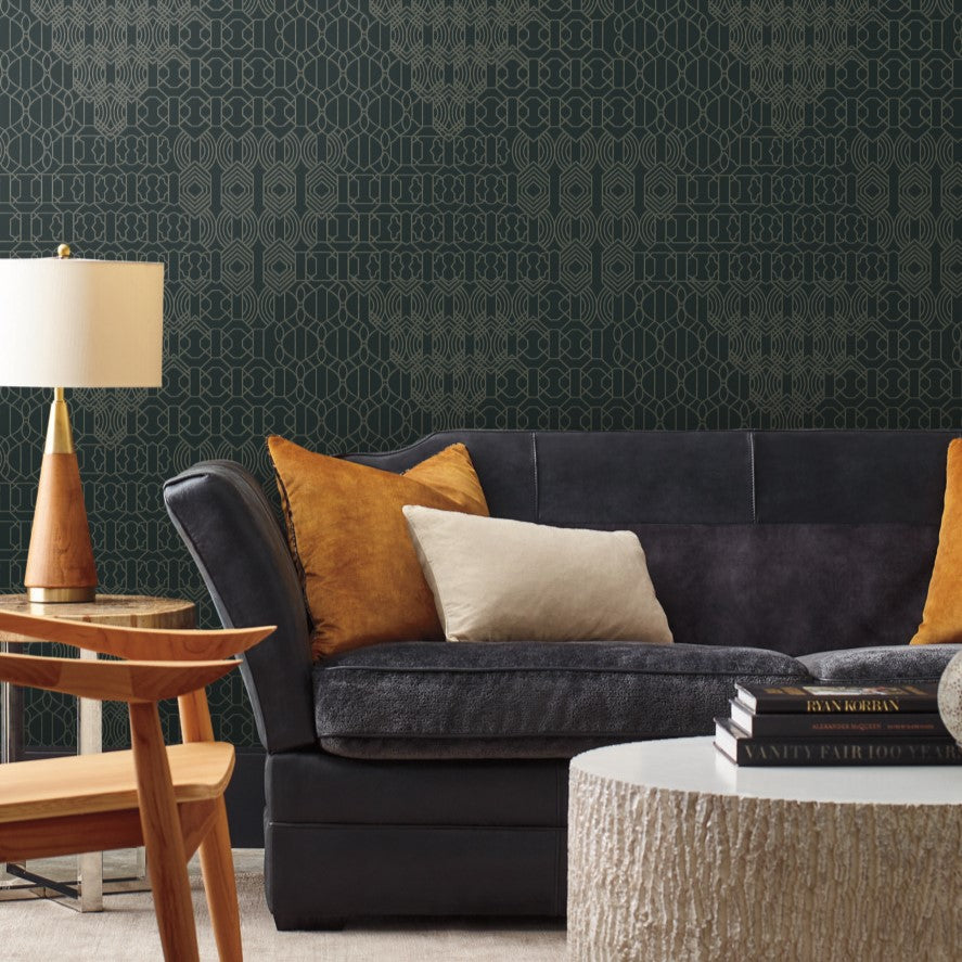 Modern living room with geometric wallpaper