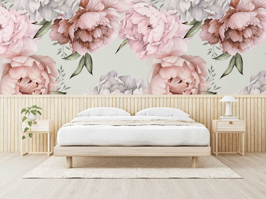 More Peonies Wallpaper Mural in the room pink and gray with geen leaves