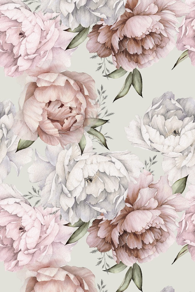 More Peonies Wallpaper Mural pink and gray with geen leaves