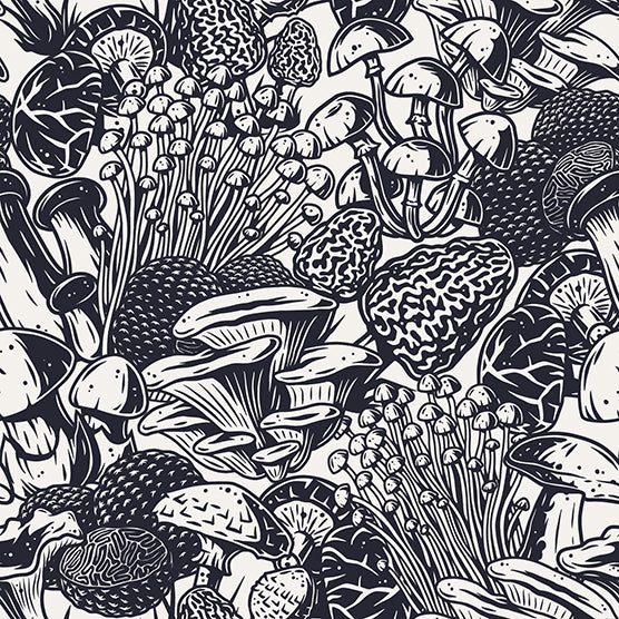 A detailed black and white illustration of various types of mushrooms, including both capped and morel varieties, densely packed in a natural, clustered arrangement for a stunning Mushrooms lovers Wallpaper Mural from Decor2Go Wallpaper Mural.