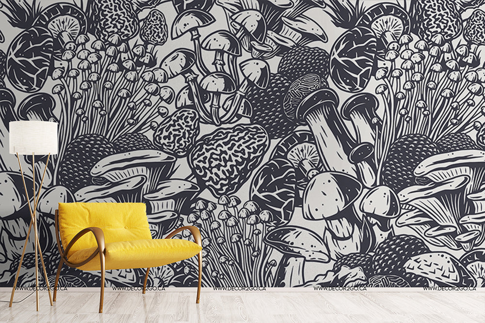 An interior featuring a bright yellow chair with a white lamp beside it against a wall covered in Decor2Go Wallpaper Mural's Mushroom Lovers Wallpaper Mural of various stylized mushrooms.