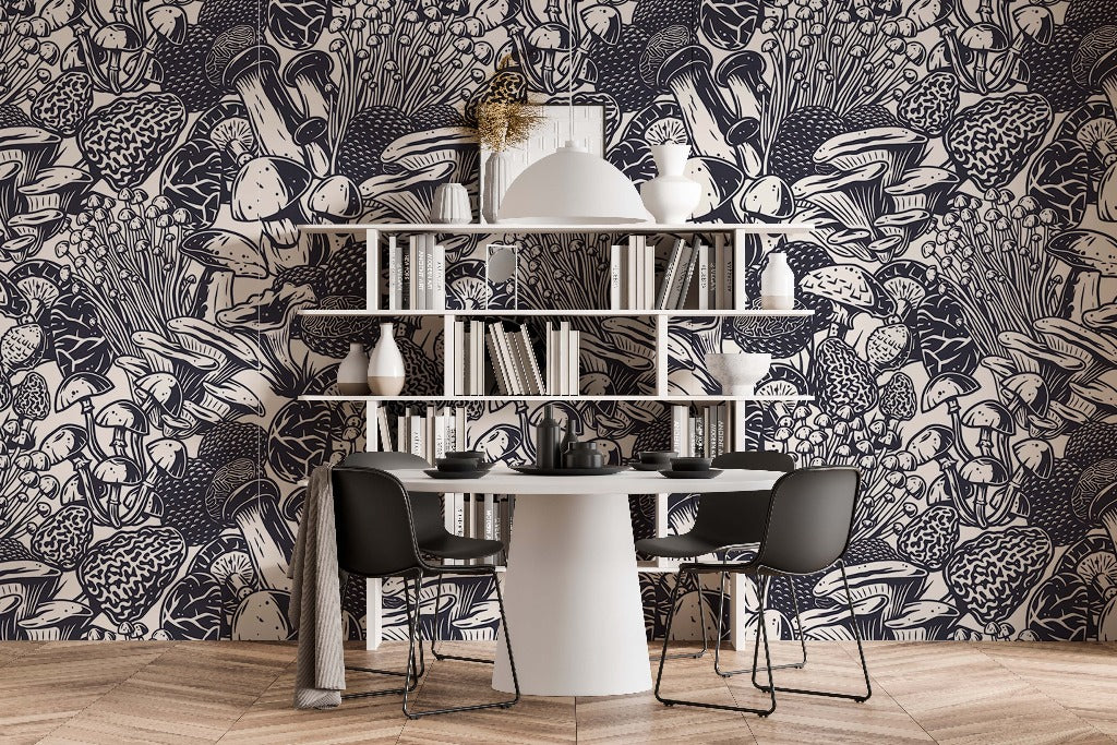 A stylish dining area featuring a modern round white table with two black chairs, against an intricate Decor2Go Wallpaper Mural, and white shelving decorated with various vases.