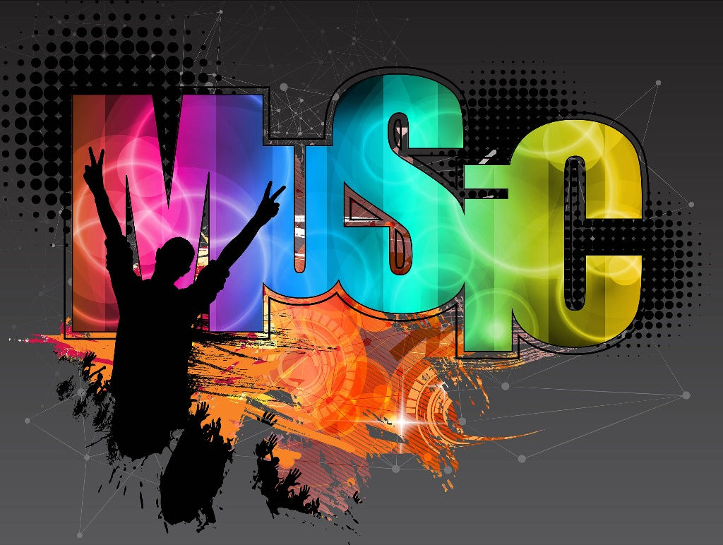 Colorful graphic featuring the word "Music Mania" in bold, stylized letters with a silhouette of a person with raised arms in front of it, set against a dark background with abstract artistic elements from Decor2Go Wallpaper Mural.
