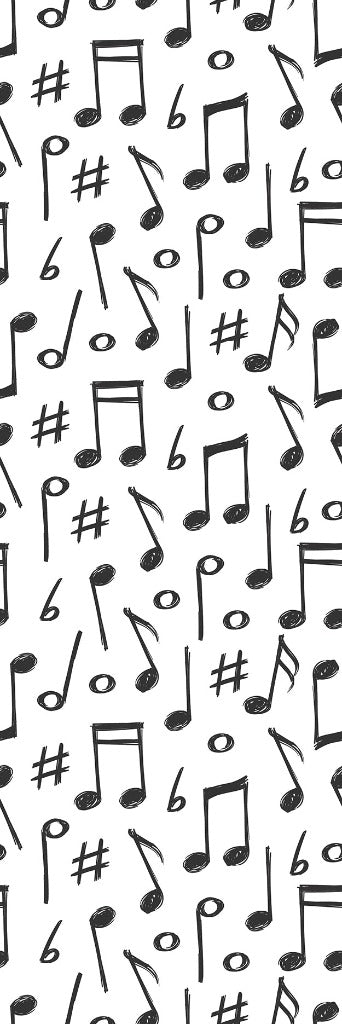 A seamless pattern featuring a monochrome design of hand-drawn music notes and sharp symbols scattered randomly on a white background, perfect for Decor2Go Wallpaper Mural's Music Notes Mural Wallpaper with contemporary styling.
