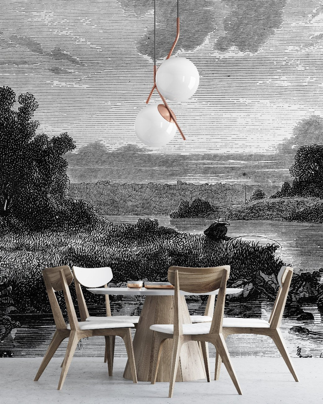 Dining Room - A modern dining area showcases a wooden table and four chairs set against a black and white theme, complemented by the Decor2Go Wallpaper Mural's Mystic Lake Wallpaper Mural. Two spherical pendant lights hang from the ceiling, casting a gentle glow over the serene landscape of trees and a river.