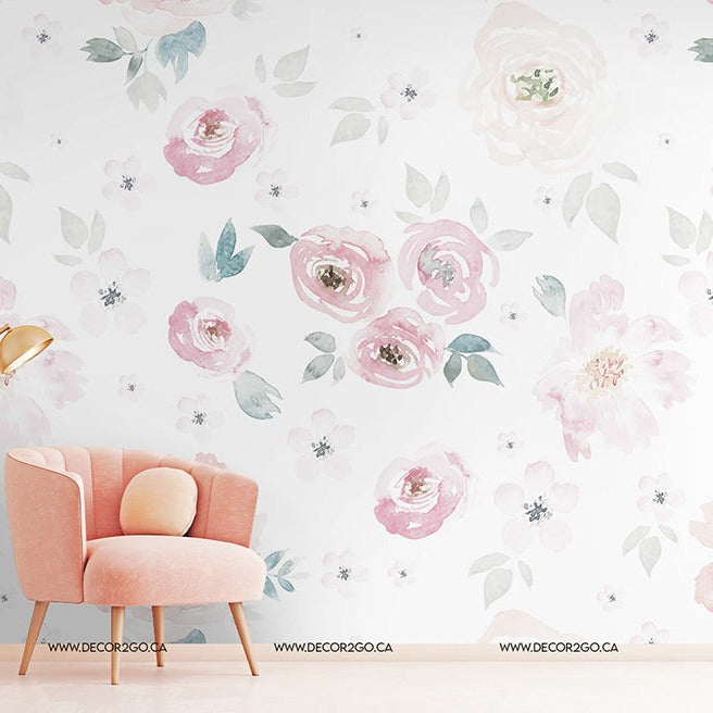 A cozy corner of a room featuring a blush pink armchair and a golden floor lamp against a wall adorned with large Nature’s Breath Wallpaper Mural by Decor2Go Wallpaper Mural.
