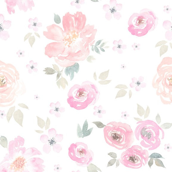 A seamless floral Nature’s Breath Wallpaper Mural pattern of delicate watercolor flowers in shades of pink and blush, interspersed with soft green foliage, on a clean white background by Decor2Go Wallpaper Mural.