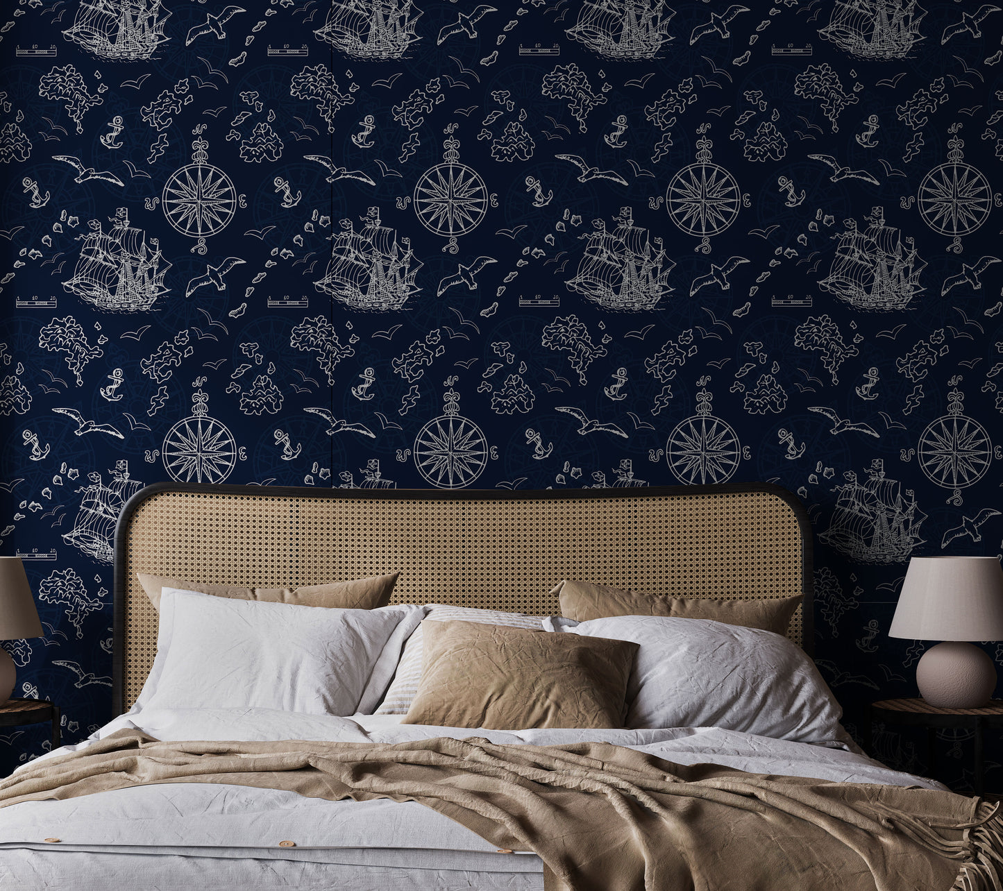 Bedroom with dark blue wallpaper mural 