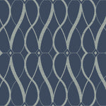 The Navy & Silver Graceful Geo Wallpaper by York Wallcoverings features light blue interlocking curves and diamond shapes on a dark navy background, offering a visually engaging, metallic design from the Modern Metals Collection.