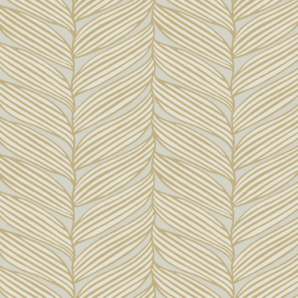 Discover the Neutral & Gold Luminous Leaves Wallpaper by York Wallcoverings, a part of the Modern Metals Collection. This seamless, wavy vertical pattern features stylized palm leaves with a subtle metallic finish in light beige and cream on a luminous background, adding natural elegance.