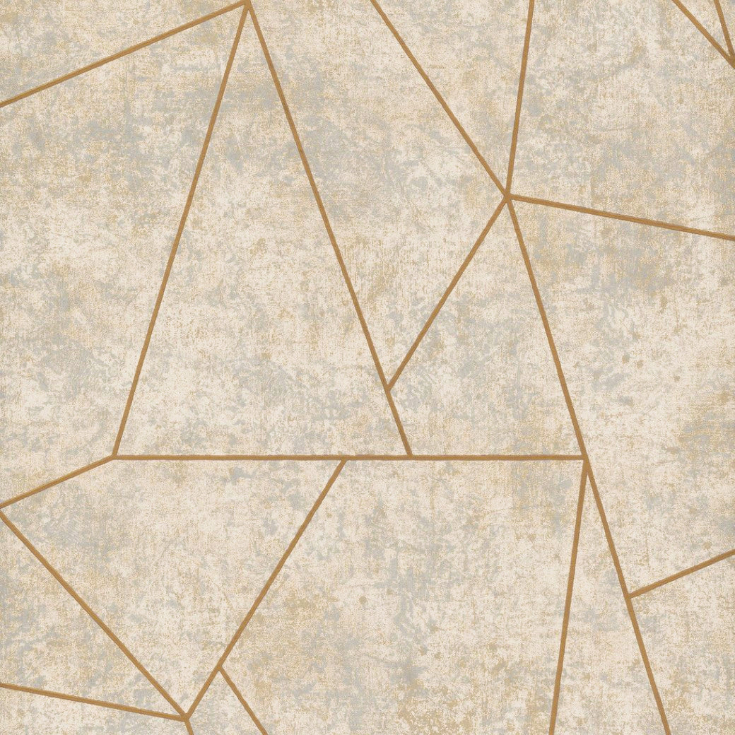 The Neutral & Gold Nazca Wallpaper by York Wallcoverings features abstract geometric design with beige and light brown interconnected lines on a textured backdrop, ideal for modern interiors. Its subtle metallic finish adds sophistication, enhancing any contemporary space.