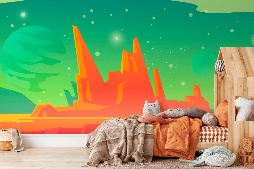 A vibrant children's bedroom with a Decor2Go Wallpaper Mural depicting an imaginative, colorful landscape with green skies and orange, crystal-like formations. The room contains a cozy bed and scattered plush toys.