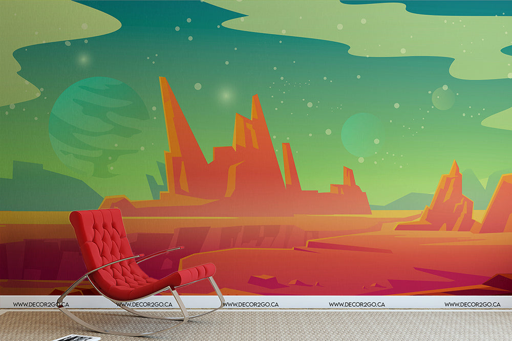 Illustration of a futuristic cityscape viewed from an interior with a red lounge chair, showing towering buildings and spheres floating in a green and orange sky, against a Decor2Go Wallpaper Mural.