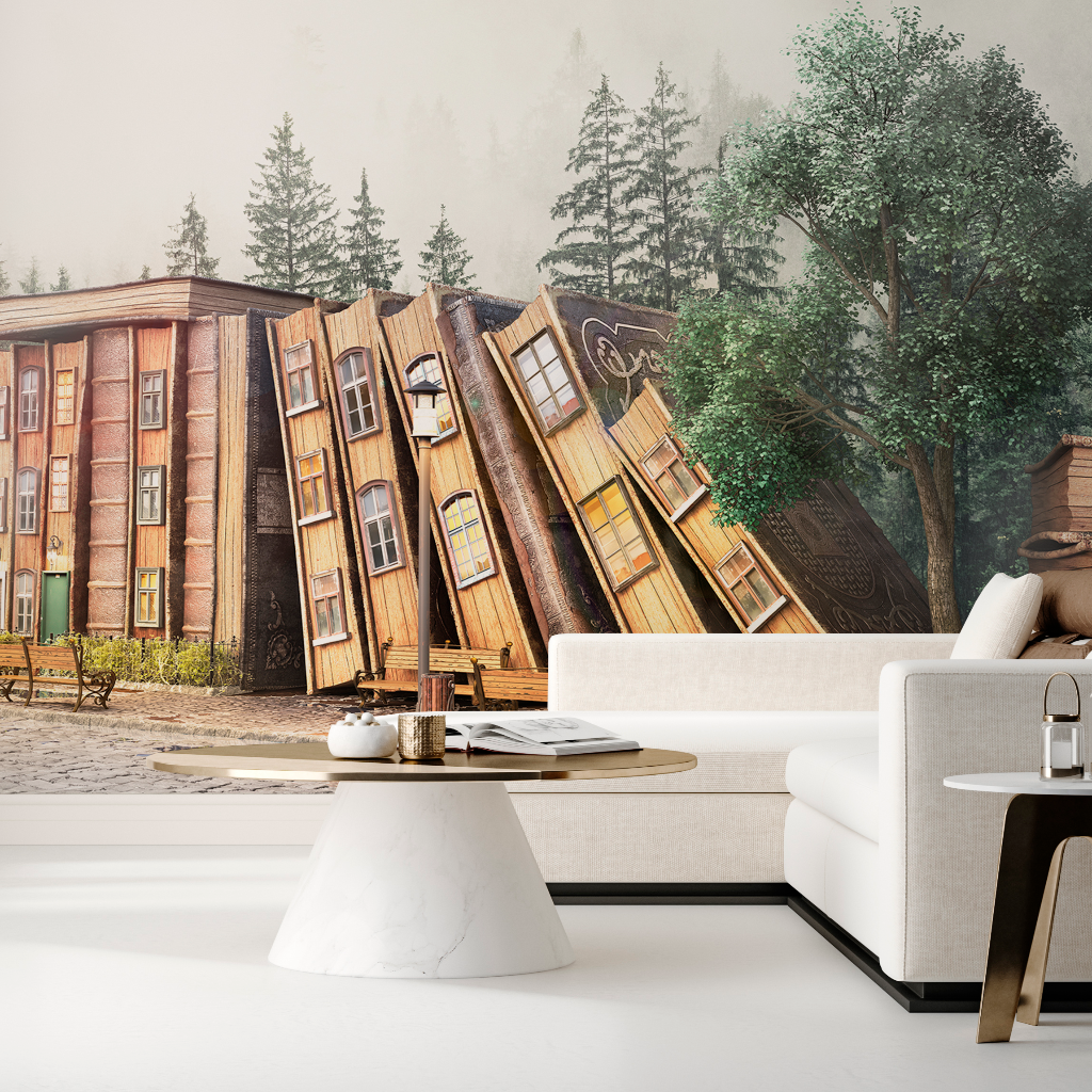 An imaginative living room with a Once Upon a Time Wallpaper Mural by Decor2Go Wallpaper Mural depicting oversized books leaning against an old building, blending into a forest background. The room features a modern white sofa and a marble coffee table.