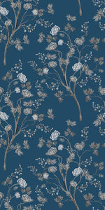 A detailed floral pattern featuring white and beige branches with blooming flowers on a deep blue background. The design, reminiscent of Decor2Go Wallpaper Mural, is intricate and elegant, exuding local craftsmanship in every Oriental Garden Wallpaper Mural.