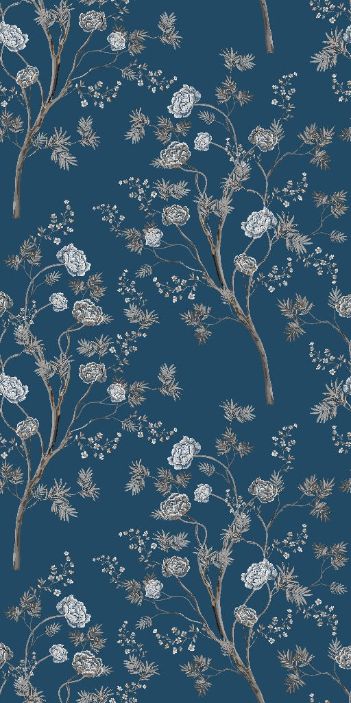 A detailed floral pattern featuring white and beige branches with blooming flowers on a deep blue background. The design, reminiscent of Decor2Go Wallpaper Mural, is intricate and elegant, exuding local craftsmanship in every Oriental Garden Wallpaper Mural.