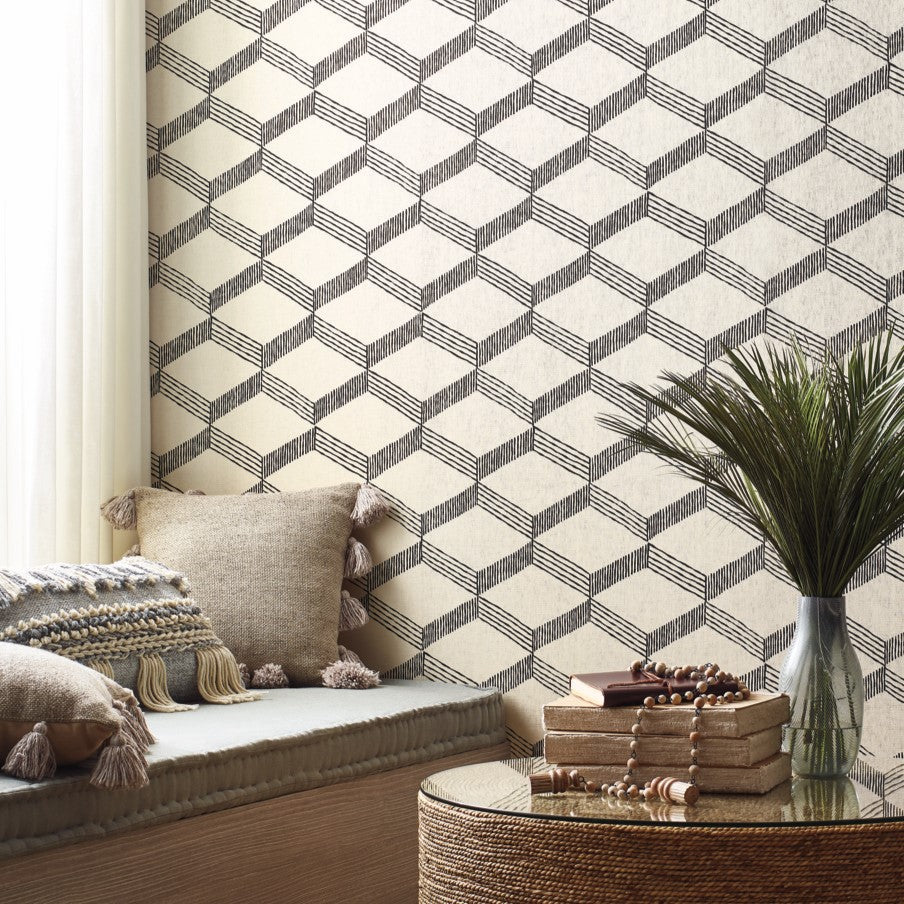 Home decoration in a natural design with boho geometric wallpaper