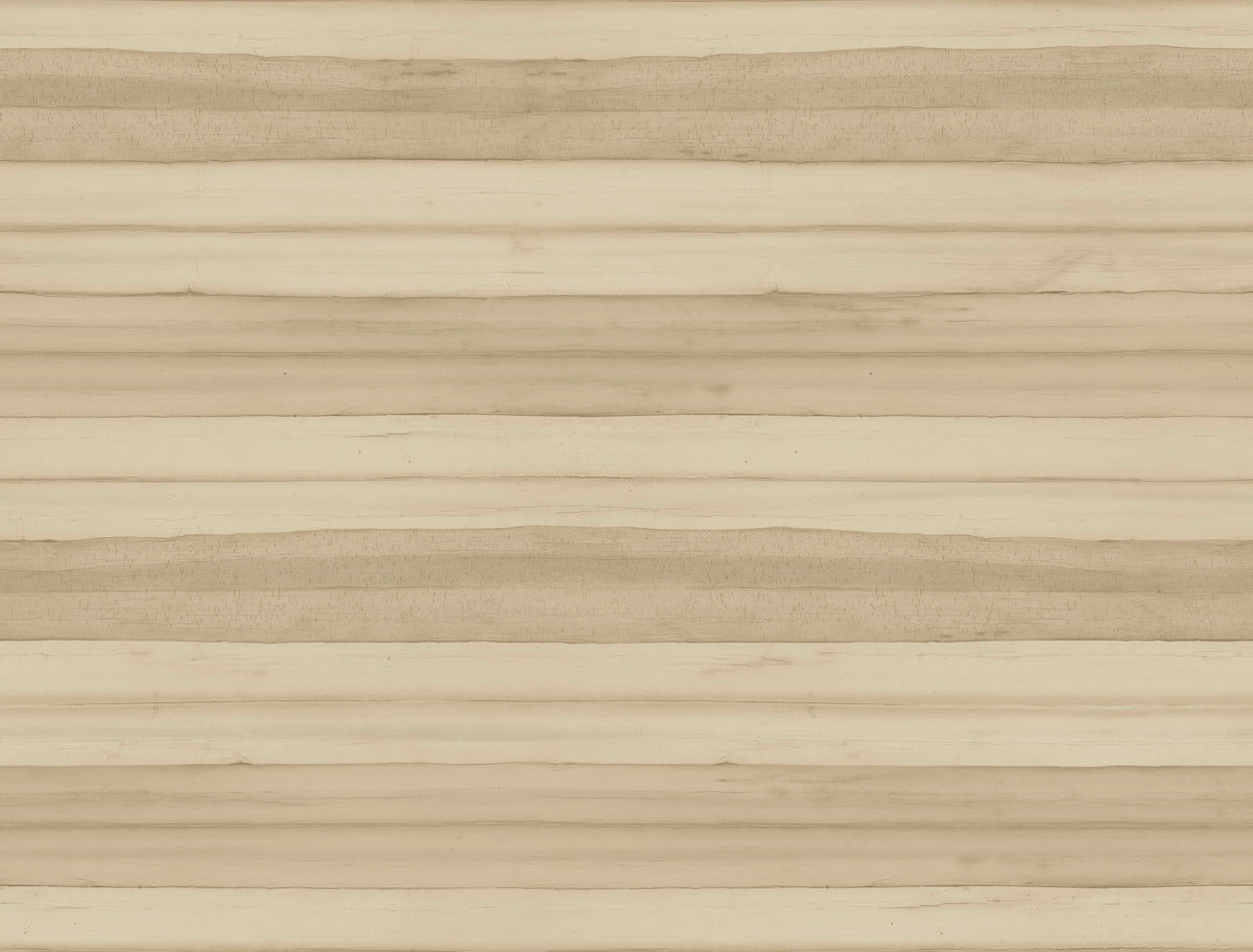 A wooden surface with a horizontal striped pattern. The light beige and brown hues create a natural and rustic appearance, with subtle variations in color and texture throughout the wood grain. Inspired by Pandora Leaf Oak Wallpaper Brown (60 Sq.Ft.) by York Wallcoverings, the lines are evenly spaced for a symmetrical look.