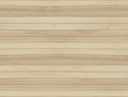 A wooden surface with a horizontal striped pattern. The light beige and brown hues create a natural and rustic appearance, with subtle variations in color and texture throughout the wood grain. Inspired by Pandora Leaf Oak Wallpaper Brown (60 Sq.Ft.) by York Wallcoverings, the lines are evenly spaced for a symmetrical look.