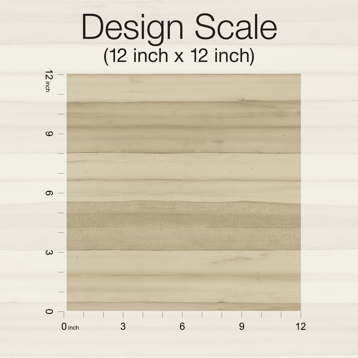 A 12 inch by 12 inch square scale design is shown against a light wood texture background. Horizontal and vertical rulers are labeled in inches from 0 to 12, with marked increments at every inch. Perfect for measuring York Wallcoverings Pandora Leaf Oak Wallpaper Brown (60 Sq.Ft.), the square area within the rulers displays a wood grain pattern.