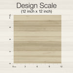 A 12 inch by 12 inch square scale design is shown against a light wood texture background. Horizontal and vertical rulers are labeled in inches from 0 to 12, with marked increments at every inch. Perfect for measuring York Wallcoverings Pandora Leaf Oak Wallpaper Brown (60 Sq.Ft.), the square area within the rulers displays a wood grain pattern.