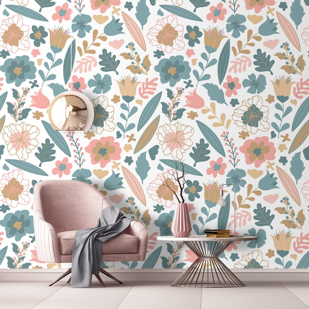 Pastel Flowers Wallpaper Mural in the entry room in blue and pink colors 