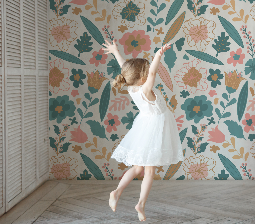 Pastel Flowers Wallpaper Mural in the kids room in blue and pink colors 