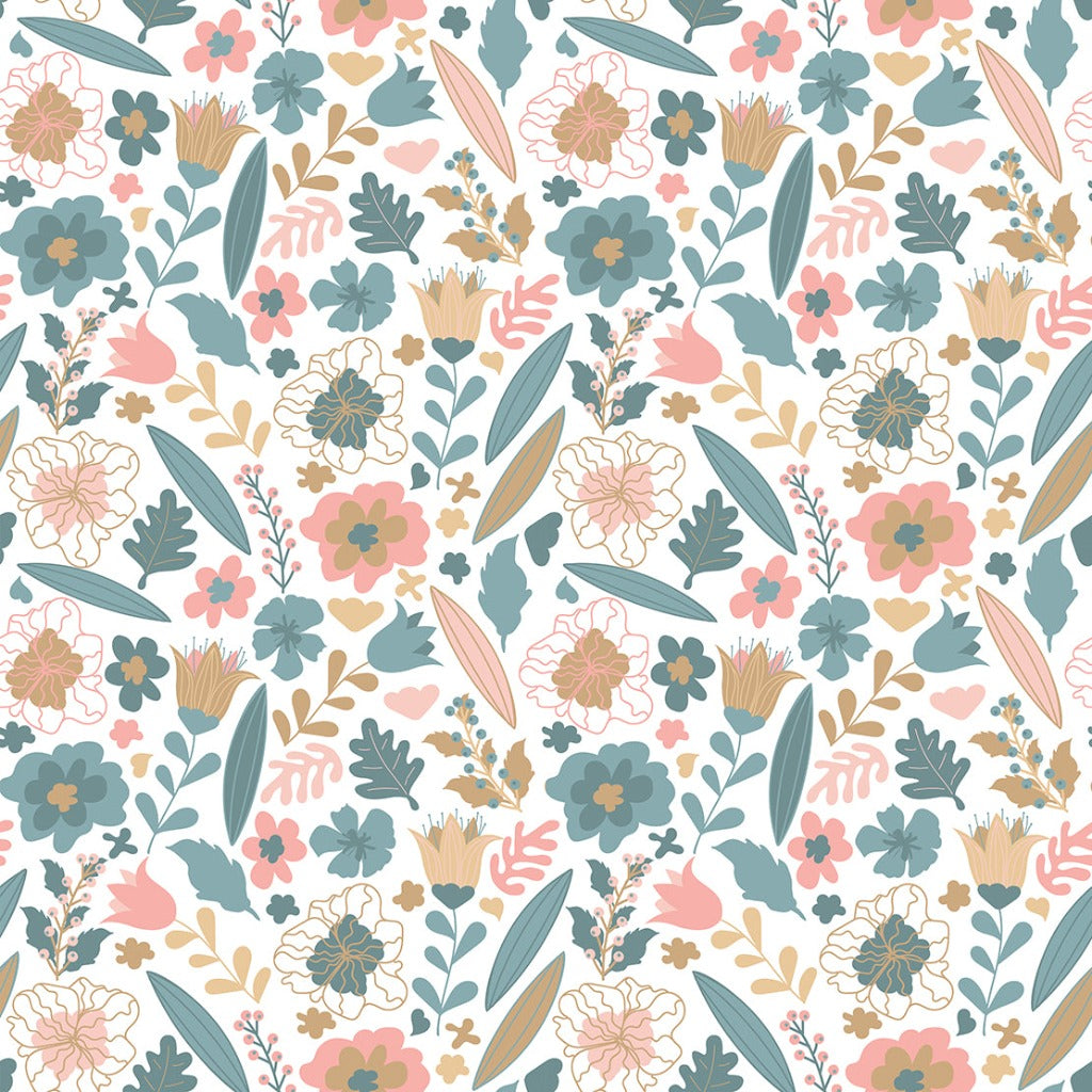 Pastel Flowers Wallpaper Mural in blue and pink colors 