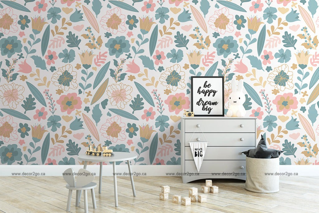 Pastel Flowers Wallpaper Mural in the playing room in blue and pink colors 