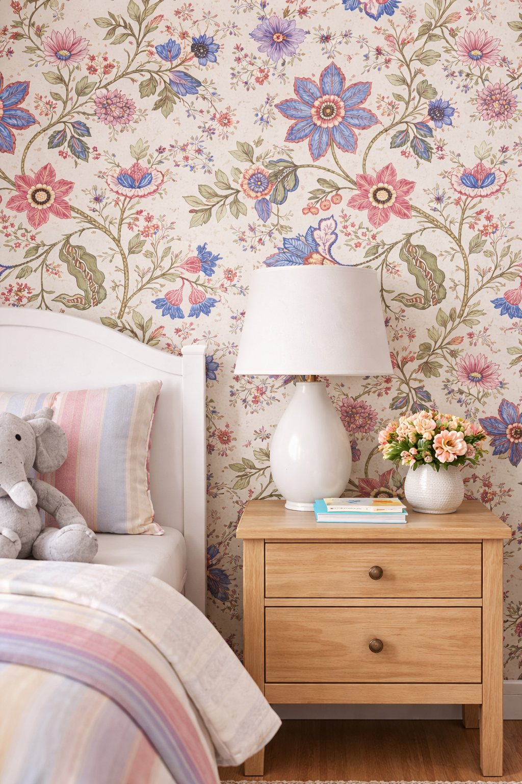 Children's bedroom with floral wallpaper, wooden nightstand, and colorful bedding.