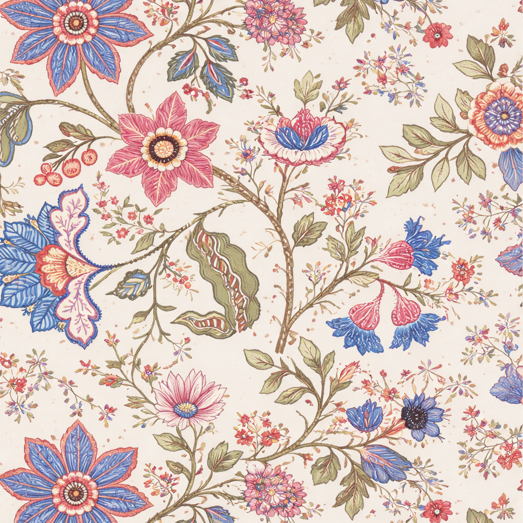 Floral pattern with blue, pink, and green flowers on a light background
