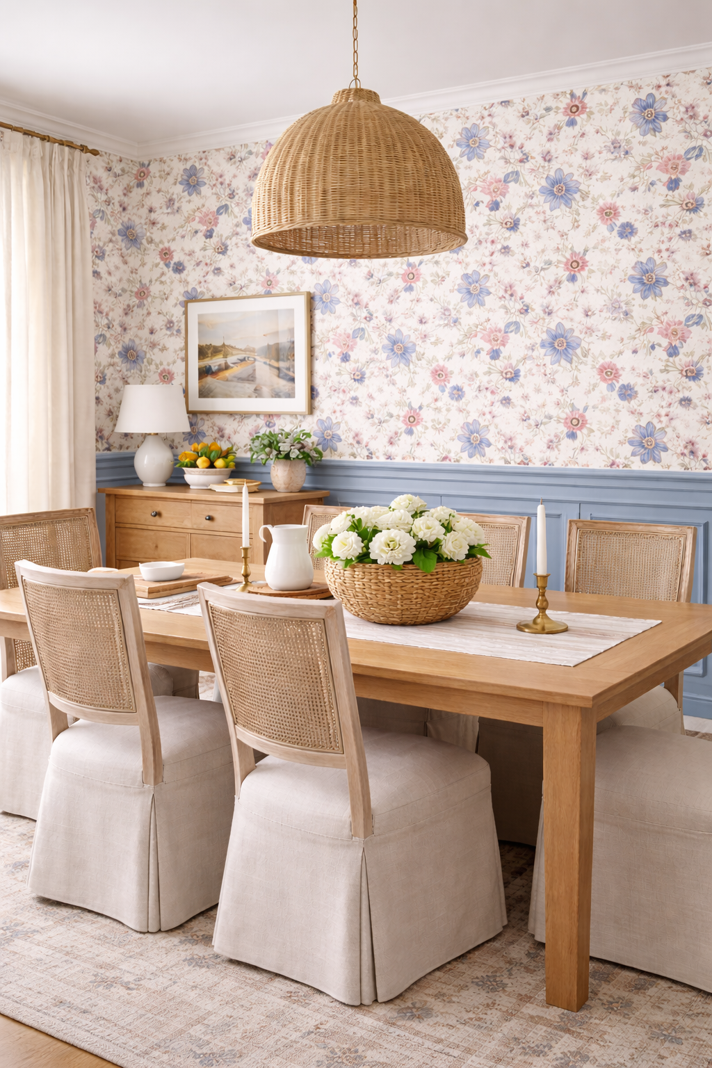 Dining room with wooden table, chairs, and floral wallpaper.