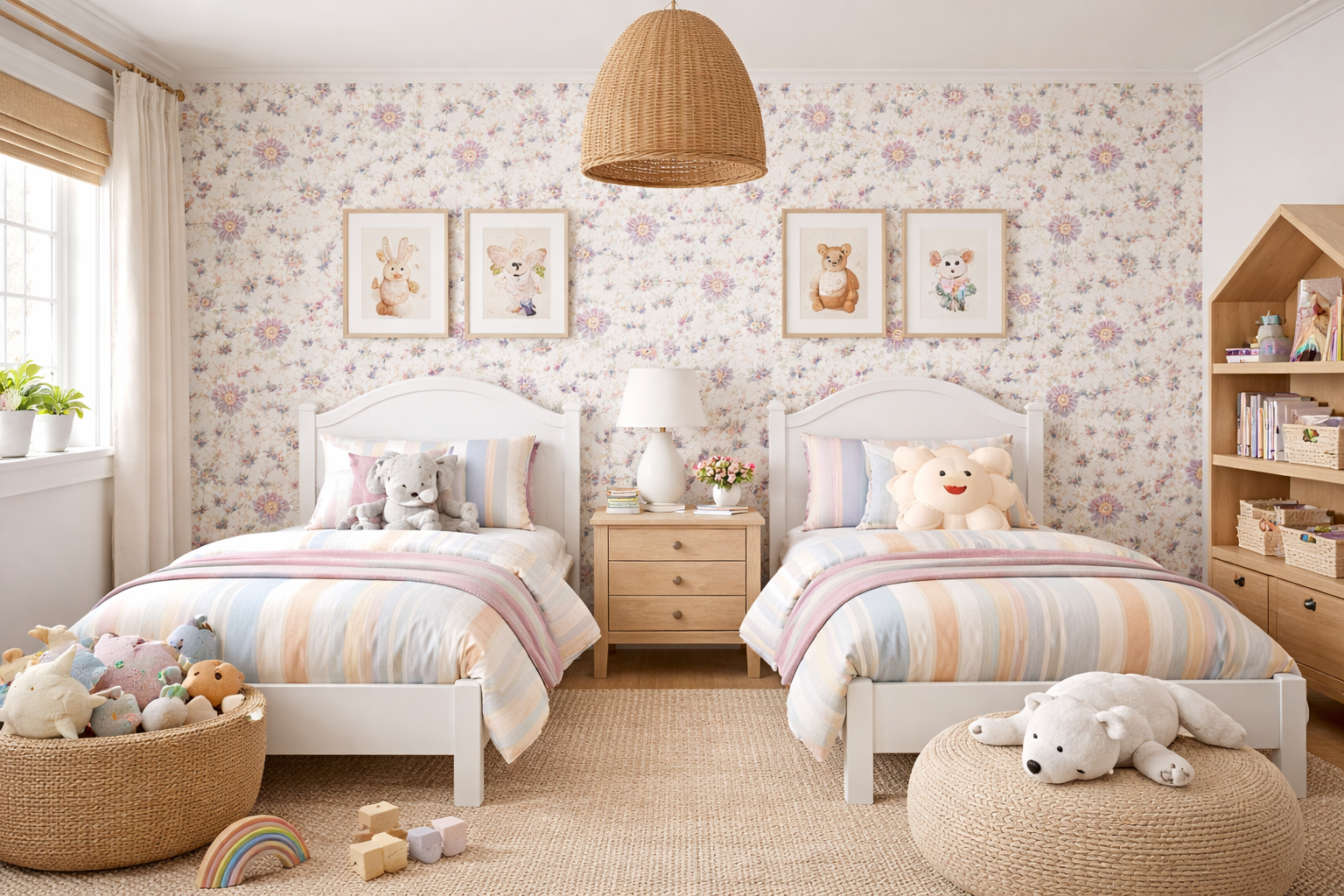 Children's bedroom with two beds, toys, and decorative elements.