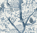 The Peacock Block Print Wallpaper Blue by York Wallcoverings features a vintage-style, nature-inspired design with birds perched on branches amidst intricate leaves and floral patterns, echoing the elegance of a traditional peacock print. This artwork presents a monochromatic blue and gray color palette.