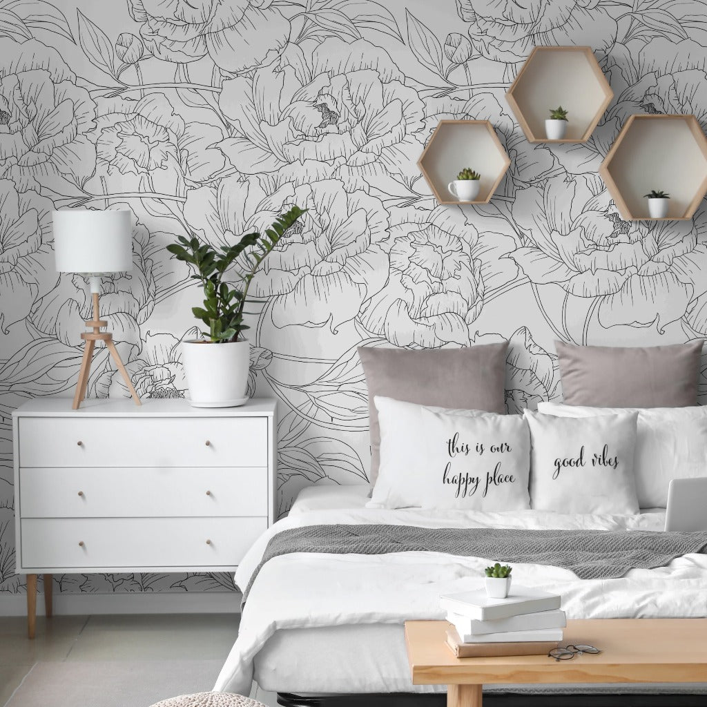 Peonies Outline Wallpaper Mural in the room black and white