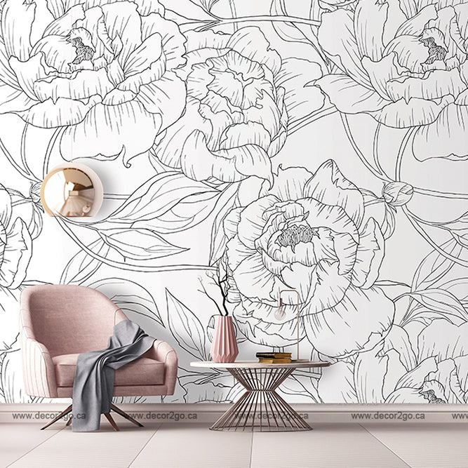 Peonies Outline Wallpaper Mural in the entry room black and white