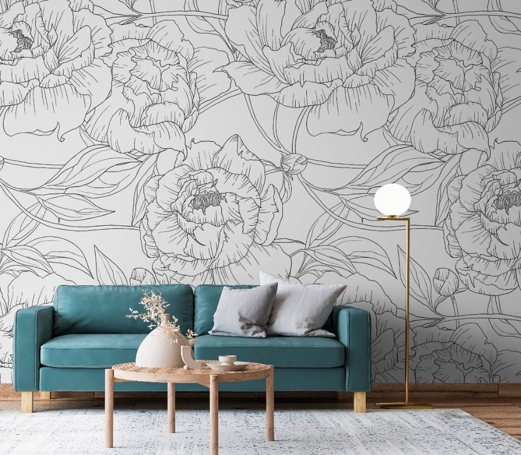Peonies Outline Wallpaper Mural in the livingroom black and white