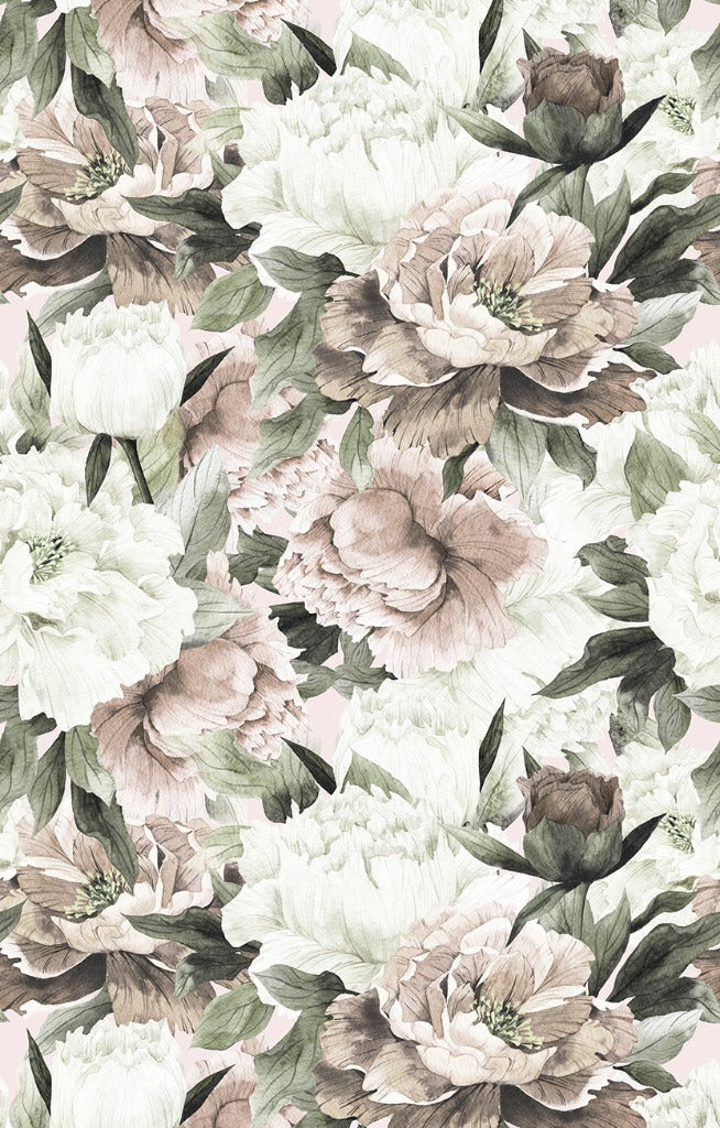 Elegant Peonies and Roses Wallpaper Mural from Decor2Go Wallpaper Mural featuring a variety of large peonies and roses in shades of white, pink, and beige with lush green foliage on a soft pink background.