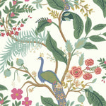 York's Periwinkle Peacock Wallpaper (60 SqFt) showcases a classic Chinoiserie design featuring a peacock among stylized leaves and vibrant florals, including roses and ferns, set against a light backdrop with shades of green, pink, and blue.