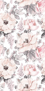 A seamless Decor2Go Wallpaper Mural featuring soft pink roses, delicate peonies, and various leaves in pastel tones against a white background. The design exudes elegance and romance, making