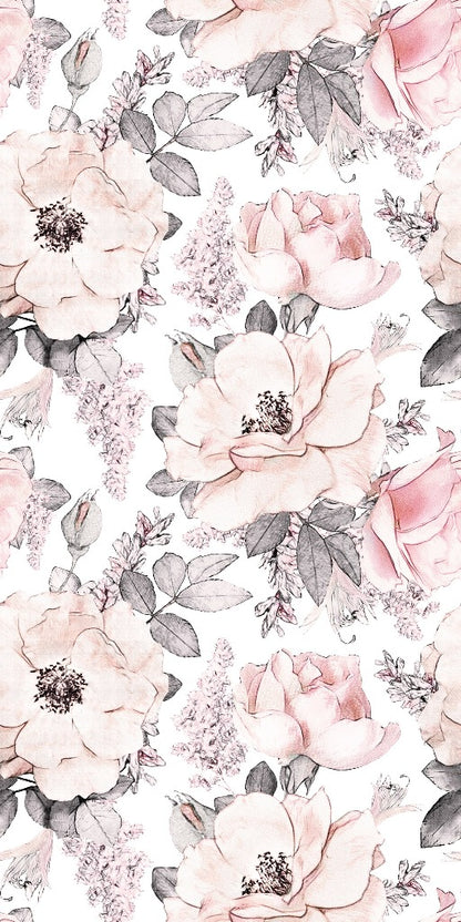 A seamless Decor2Go Wallpaper Mural featuring soft pink roses, delicate peonies, and various leaves in pastel tones against a white background. The design exudes elegance and romance, making