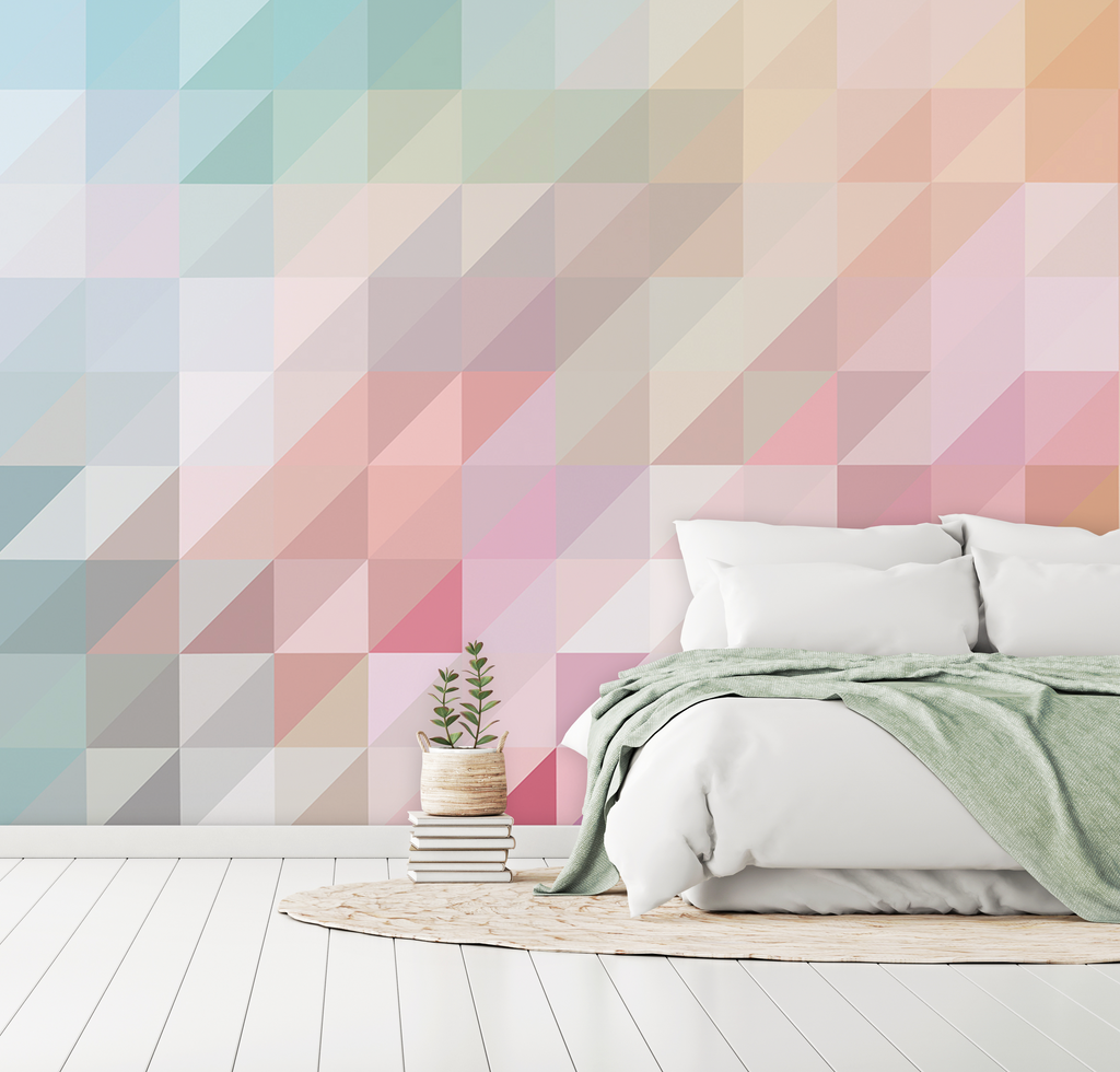 Pink and Blue Geometry Wallpaper Mural in a cozy bedroom