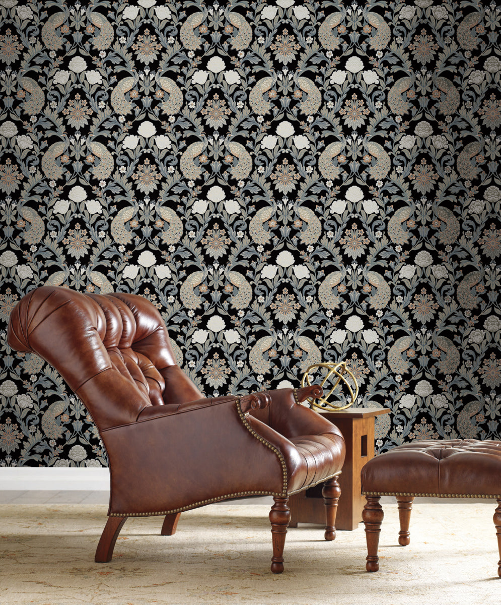 Living room wallpaper mural peacock luxury dark