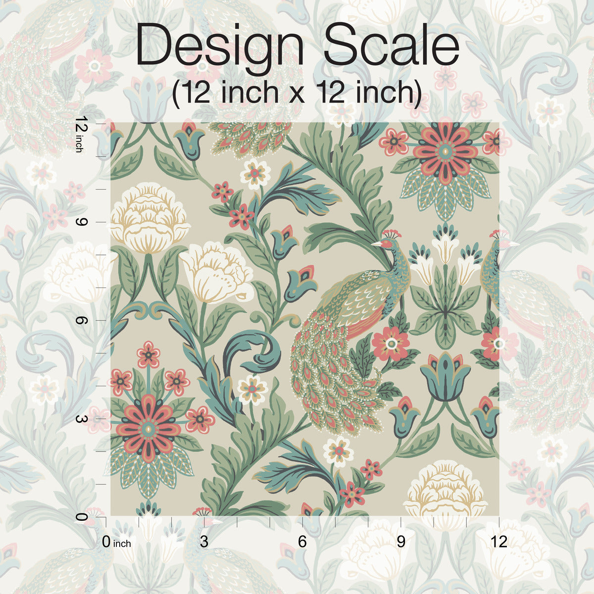 A sophisticated design sample of Plume Dynasty Peacock & Floral Wallpaper - Taupe/Multi (60 SqFt) by York Wallcoverings showcases large white and pink flowers amid green foliage on a taupe background. The pattern, featuring an elegant 12-inch by 12-inch scale, is indicated by a ruler displayed along the edges of the image.