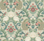 A seamless vintage pattern featuring ornate peacocks, blooming flowers, and intricate leafy designs. The sophisticated design incorporates shades of green, teal, pink, and taupe, creating a classic and elegant aesthetic suitable for York Wallcoverings Plume Dynasty Peacock & Floral Wallpaper - Taupe/Multi (60 SqFt).